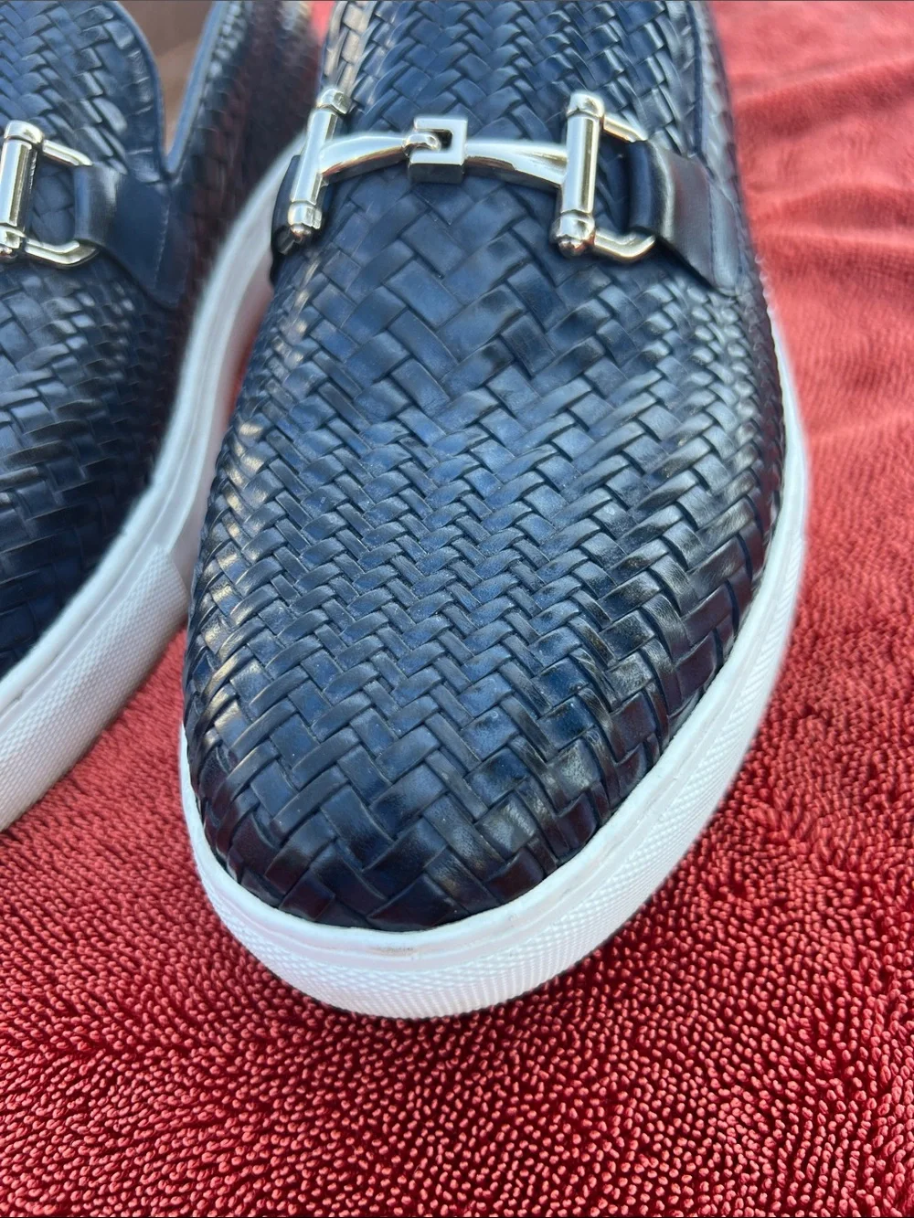 Men's Boardwalk Woven Calfskin Leather Bit Buckle Slip On Sneakers 8 Men’s